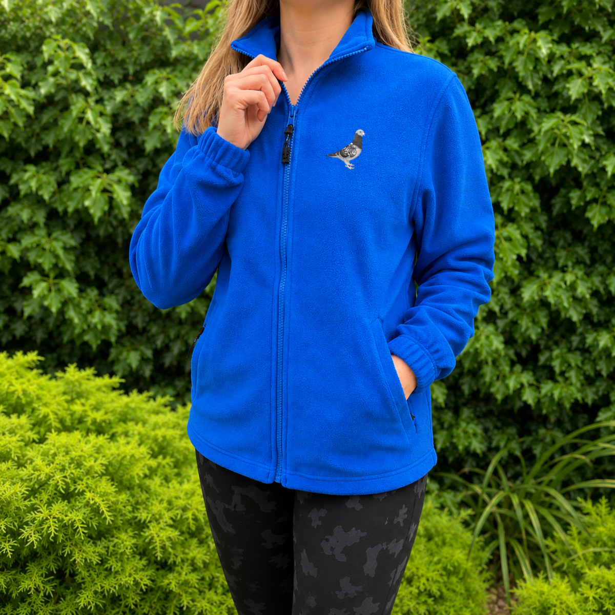 Royal blue personalised embroidered fleece with pigeon portrait