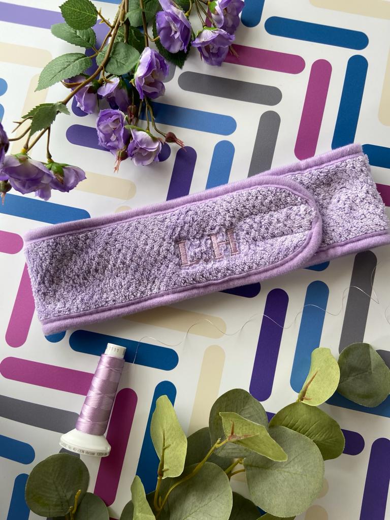Personalised lilac embroidered headband with flowers and thread spool, Ineedledit modern gifting