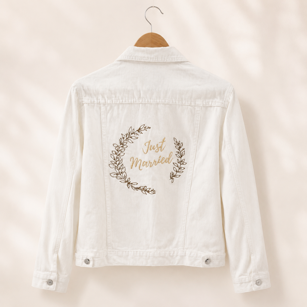 White personalised bridal denim jacket with botanical Just Married embroidery by Ineedledit