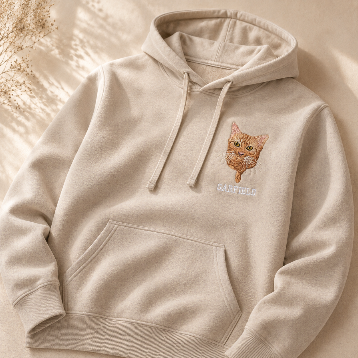 Beige personalised pet portrait hoodie embroidered with Garfield the cat