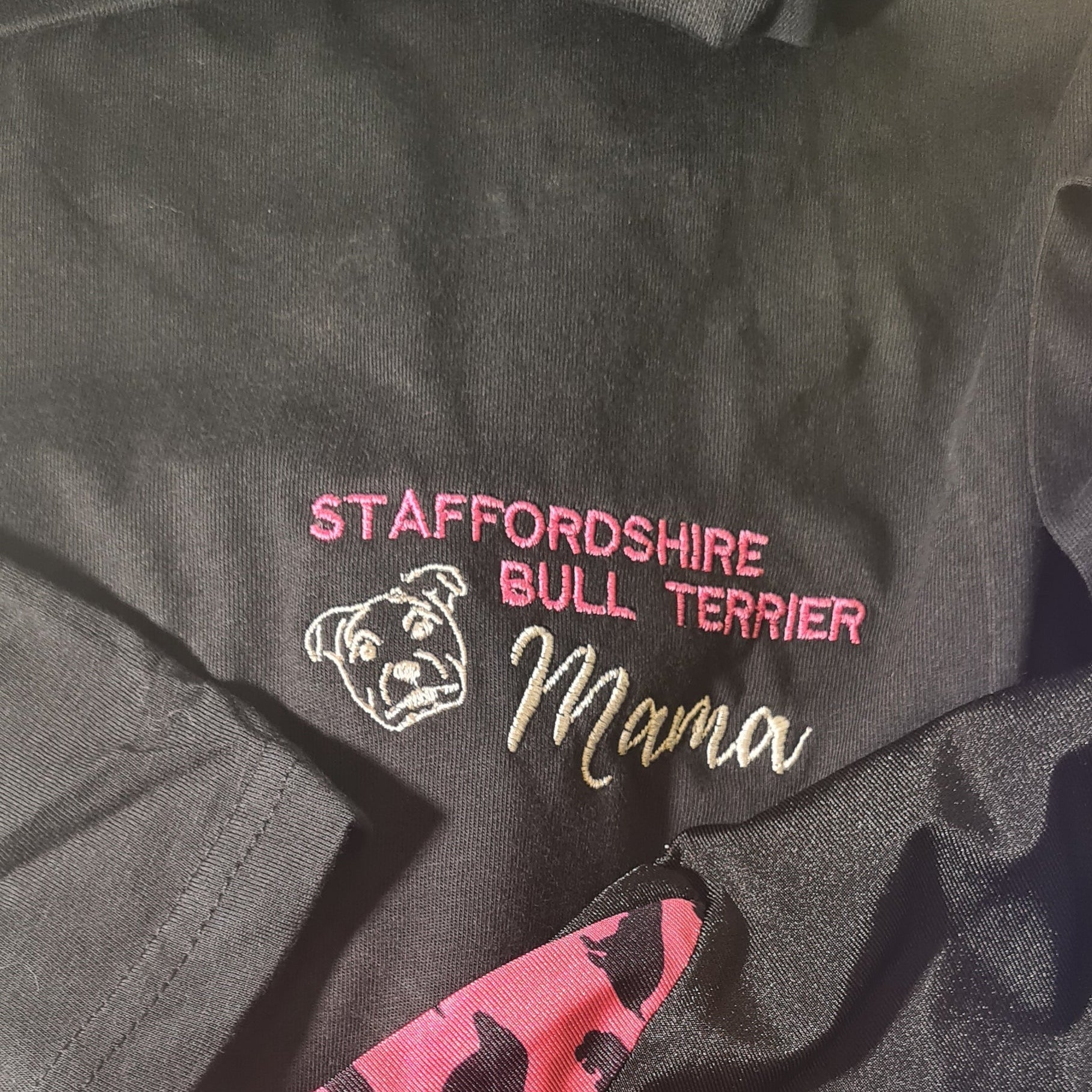 Personalised black shirt with 'Staffordshire Bull Terrier Mama' embroidery and dog outline