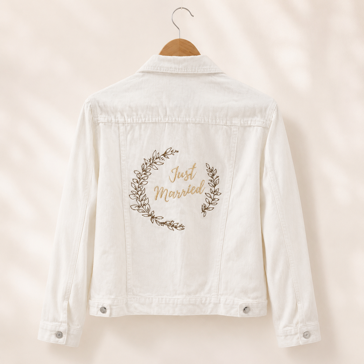 White personalised bridal denim jacket with botanical Just Married embroidery by Ineedledit