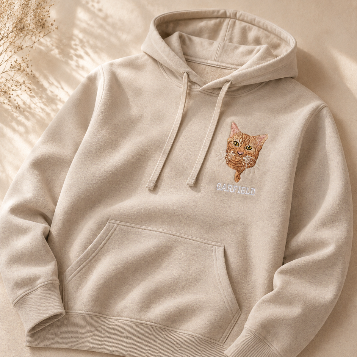 Beige personalised pet portrait hoodie embroidered with Garfield the cat